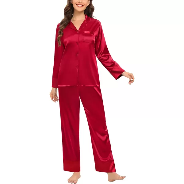 SWOMOG Womens Silk Satin Pajamas Set Long Sleeve Sleepwear Two Pieces Loungewear Set ButtonDown Contrast Pjs SetRed