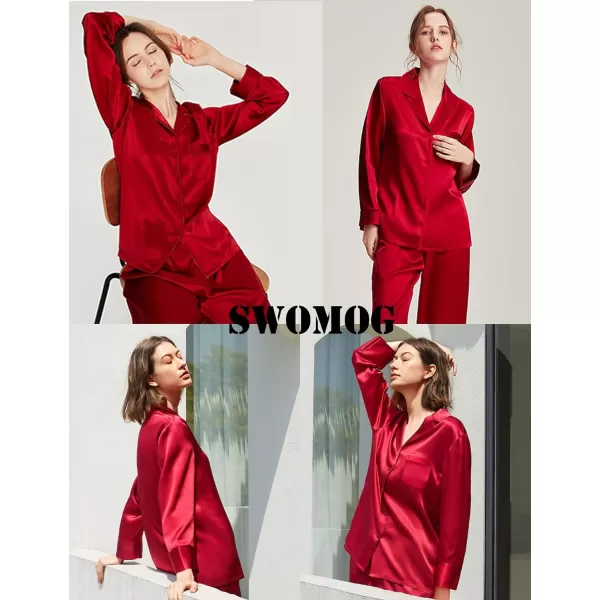 SWOMOG Womens Silk Satin Pajamas Set Long Sleeve Sleepwear Two Pieces Loungewear Set ButtonDown Contrast Pjs SetRed