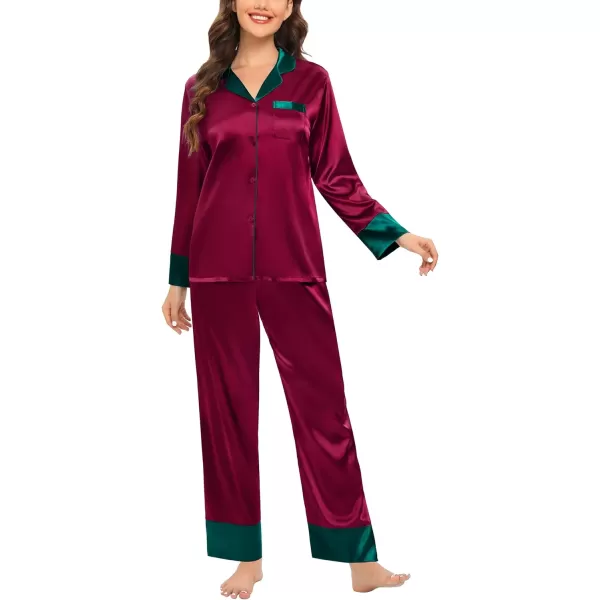 SWOMOG Womens Silk Satin Pajamas Set Long Sleeve Sleepwear Two Pieces Loungewear Set ButtonDown Contrast Pjs SetWine Red