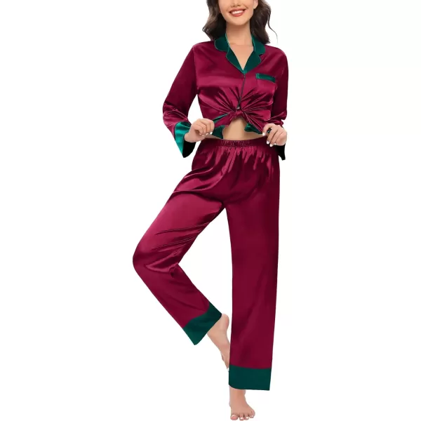 SWOMOG Womens Silk Satin Pajamas Set Long Sleeve Sleepwear Two Pieces Loungewear Set ButtonDown Contrast Pjs SetWine Red