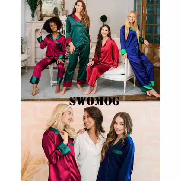 SWOMOG Womens Silk Satin Pajamas Set Long Sleeve Sleepwear Two Pieces Loungewear Set ButtonDown Contrast Pjs SetWine Red