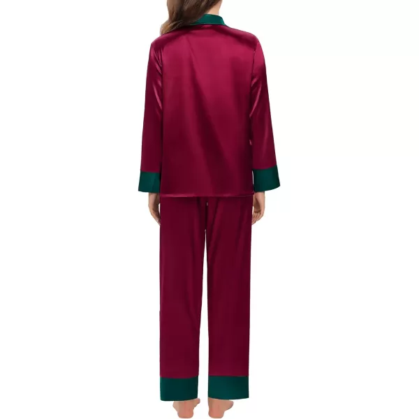 SWOMOG Womens Silk Satin Pajamas Set Long Sleeve Sleepwear Two Pieces Loungewear Set ButtonDown Contrast Pjs SetWine Red