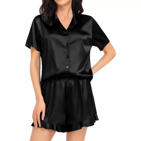 SWOMOG Womens Silk Satin Pajamas Set Short Sleeve Button Down Sleepwear Ruffle Hem Shorts PJ Sets TwoPiece LoungewearBlack