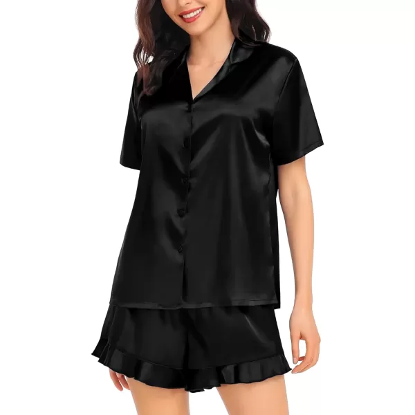 SWOMOG Womens Silk Satin Pajamas Set Short Sleeve Button Down Sleepwear Ruffle Hem Shorts PJ Sets TwoPiece LoungewearBlack