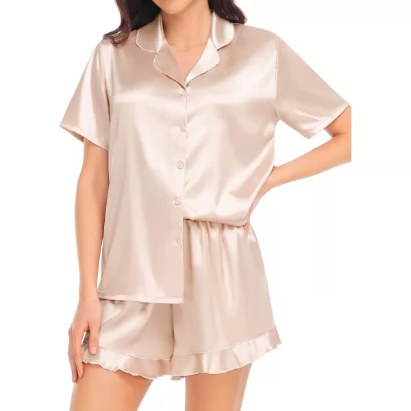 SWOMOG Womens Silk Satin Pajamas Set Short Sleeve Button Down Sleepwear Ruffle Hem Shorts PJ Sets TwoPiece LoungewearChampagne