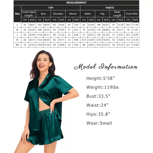 SWOMOG Womens Silk Satin Pajamas Set Short Sleeve Button Down Sleepwear Ruffle Hem Shorts PJ Sets TwoPiece LoungewearDark Green