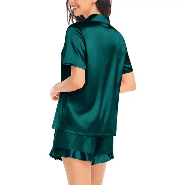 SWOMOG Womens Silk Satin Pajamas Set Short Sleeve Button Down Sleepwear Ruffle Hem Shorts PJ Sets TwoPiece LoungewearDark Green