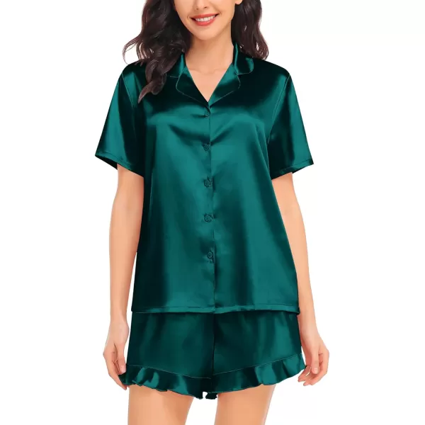 SWOMOG Womens Silk Satin Pajamas Set Short Sleeve Button Down Sleepwear Ruffle Hem Shorts PJ Sets TwoPiece LoungewearDark Green