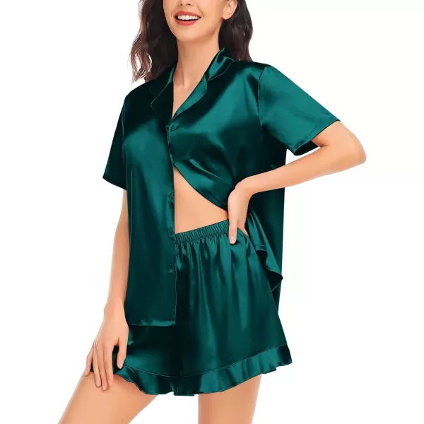 SWOMOG Womens Silk Satin Pajamas Set Short Sleeve Button Down Sleepwear Ruffle Hem Shorts PJ Sets TwoPiece LoungewearDark Green