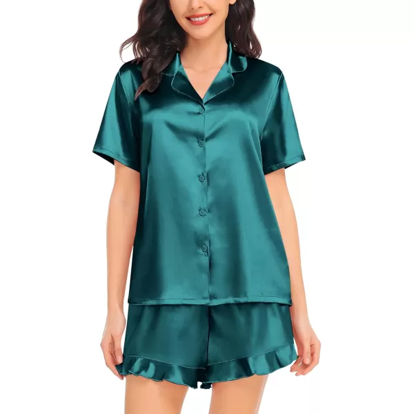 SWOMOG Womens Silk Satin Pajamas Set Short Sleeve Button Down Sleepwear Ruffle Hem Shorts PJ Sets TwoPiece LoungewearGreen