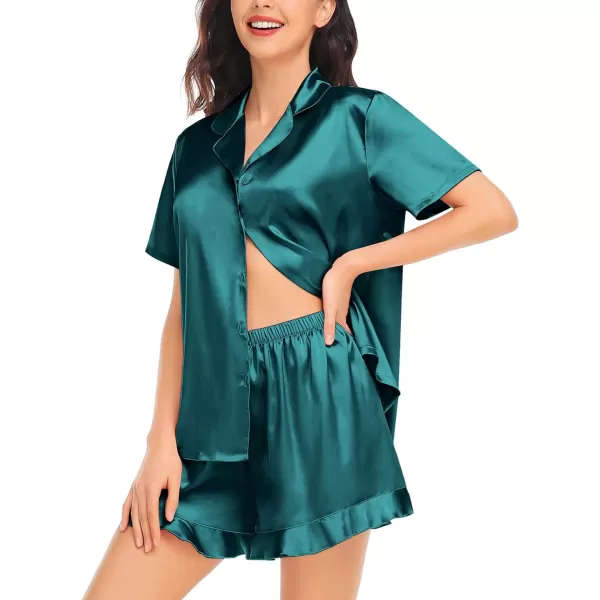 SWOMOG Womens Silk Satin Pajamas Set Short Sleeve Button Down Sleepwear Ruffle Hem Shorts PJ Sets TwoPiece LoungewearGreen