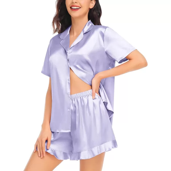 SWOMOG Womens Silk Satin Pajamas Set Short Sleeve Button Down Sleepwear Ruffle Hem Shorts PJ Sets TwoPiece LoungewearLavender