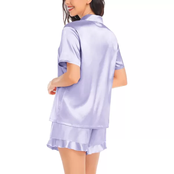 SWOMOG Womens Silk Satin Pajamas Set Short Sleeve Button Down Sleepwear Ruffle Hem Shorts PJ Sets TwoPiece LoungewearLavender