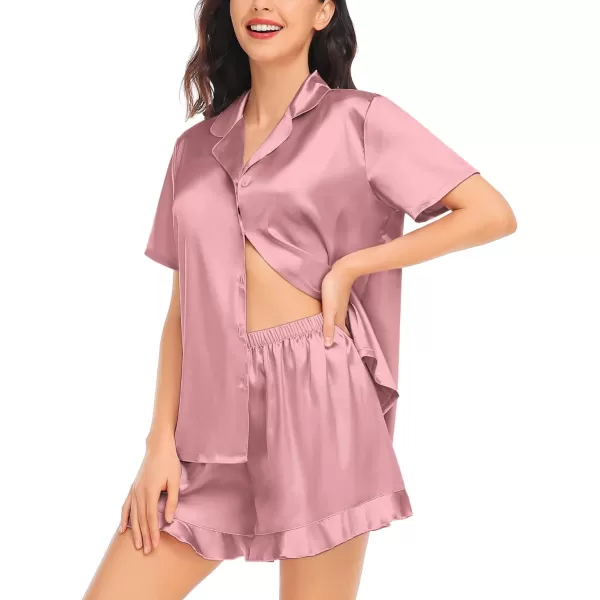 SWOMOG Womens Silk Satin Pajamas Set Short Sleeve Button Down Sleepwear Ruffle Hem Shorts PJ Sets TwoPiece LoungewearMisty Rose