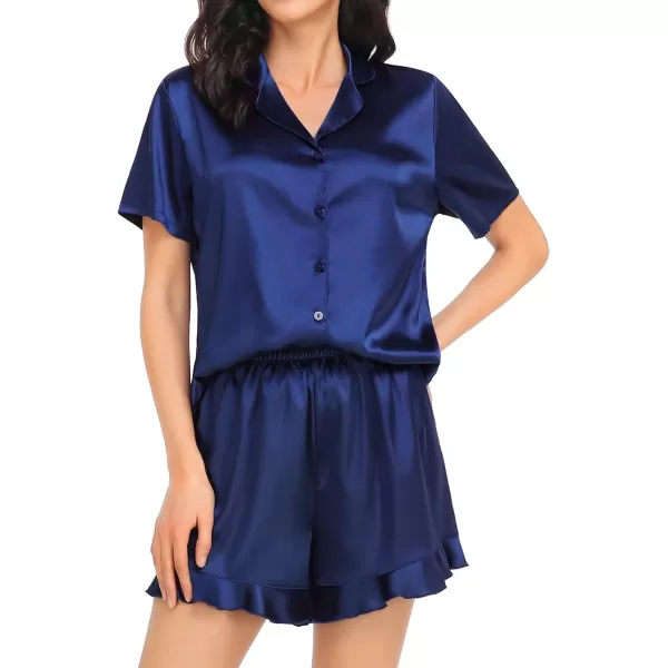 SWOMOG Womens Silk Satin Pajamas Set Short Sleeve Button Down Sleepwear Ruffle Hem Shorts PJ Sets TwoPiece LoungewearNavy Blue