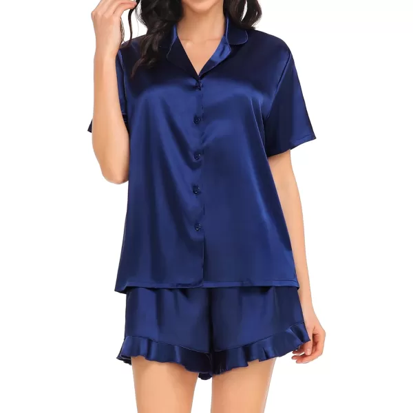 SWOMOG Womens Silk Satin Pajamas Set Short Sleeve Button Down Sleepwear Ruffle Hem Shorts PJ Sets TwoPiece LoungewearNavy Blue