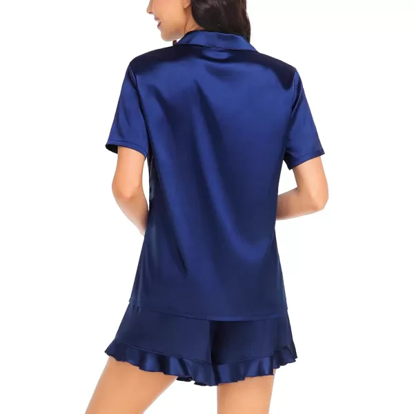 SWOMOG Womens Silk Satin Pajamas Set Short Sleeve Button Down Sleepwear Ruffle Hem Shorts PJ Sets TwoPiece LoungewearNavy Blue