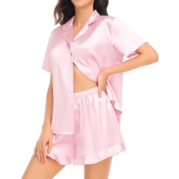 SWOMOG Womens Silk Satin Pajamas Set Short Sleeve Button Down Sleepwear Ruffle Hem Shorts PJ Sets TwoPiece LoungewearPink