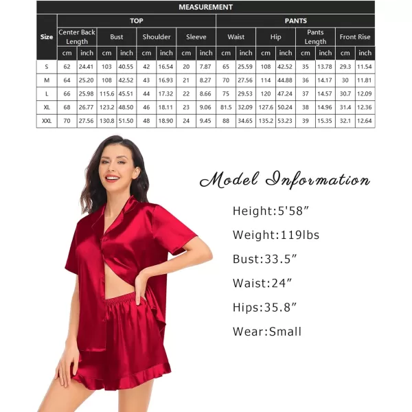 SWOMOG Womens Silk Satin Pajamas Set Short Sleeve Button Down Sleepwear Ruffle Hem Shorts PJ Sets TwoPiece LoungewearRed1