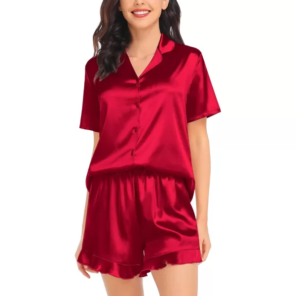 SWOMOG Womens Silk Satin Pajamas Set Short Sleeve Button Down Sleepwear Ruffle Hem Shorts PJ Sets TwoPiece LoungewearRed1