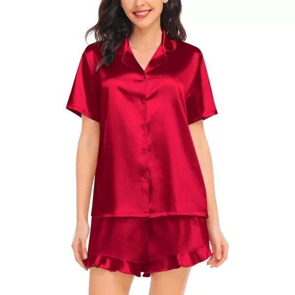 SWOMOG Womens Silk Satin Pajamas Set Short Sleeve Button Down Sleepwear Ruffle Hem Shorts PJ Sets TwoPiece LoungewearRed1