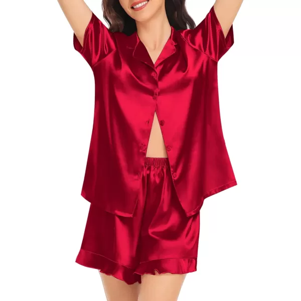 SWOMOG Womens Silk Satin Pajamas Set Short Sleeve Button Down Sleepwear Ruffle Hem Shorts PJ Sets TwoPiece LoungewearRed1