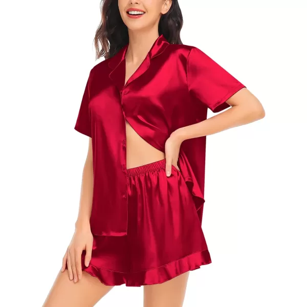 SWOMOG Womens Silk Satin Pajamas Set Short Sleeve Button Down Sleepwear Ruffle Hem Shorts PJ Sets TwoPiece LoungewearRed1