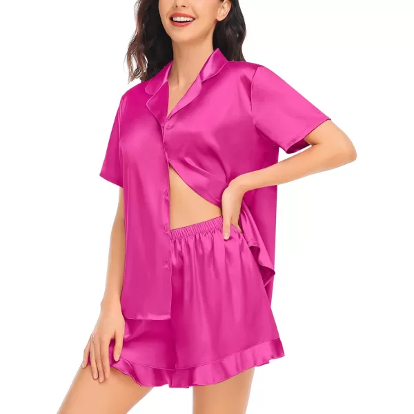 SWOMOG Womens Silk Satin Pajamas Set Short Sleeve Button Down Sleepwear Ruffle Hem Shorts PJ Sets TwoPiece LoungewearRose Red