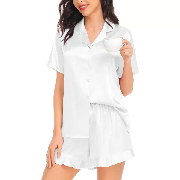 SWOMOG Womens Silk Satin Pajamas Set Short Sleeve Button Down Sleepwear Ruffle Hem Shorts PJ Sets TwoPiece LoungewearWhite