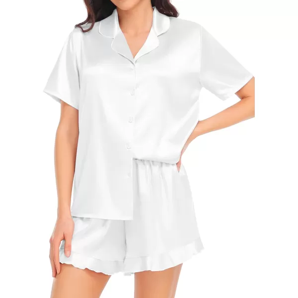 SWOMOG Womens Silk Satin Pajamas Set Short Sleeve Button Down Sleepwear Ruffle Hem Shorts PJ Sets TwoPiece LoungewearWhite