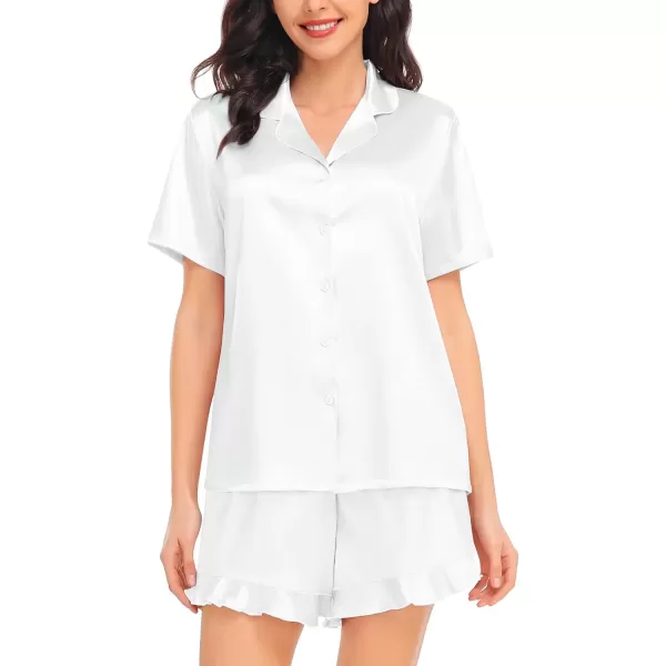 SWOMOG Womens Silk Satin Pajamas Set Short Sleeve Button Down Sleepwear Ruffle Hem Shorts PJ Sets TwoPiece LoungewearWhite