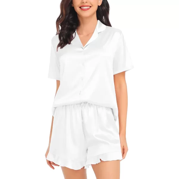 SWOMOG Womens Silk Satin Pajamas Set Short Sleeve Button Down Sleepwear Ruffle Hem Shorts PJ Sets TwoPiece LoungewearWhite