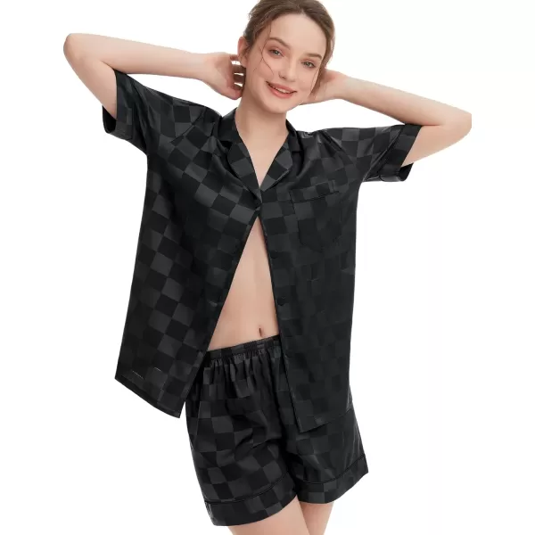 SWOMOG Womens Silk Satin Pajamas Set Short Sleeve Sleepwear Button Down Loungewear Checker Top and Shorts 2 Pcs PjsChecker  Black