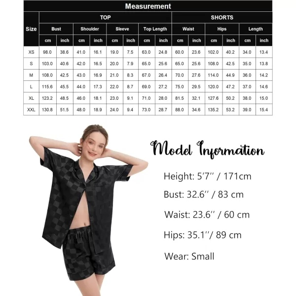 SWOMOG Womens Silk Satin Pajamas Set Short Sleeve Sleepwear Button Down Loungewear Checker Top and Shorts 2 Pcs PjsChecker  Black