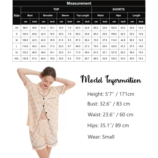 SWOMOG Womens Silk Satin Pajamas Set Short Sleeve Sleepwear Button Down Loungewear Checker Top and Shorts 2 Pcs PjsChecker  Champagne