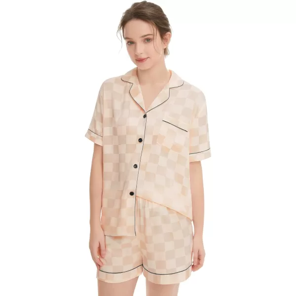 SWOMOG Womens Silk Satin Pajamas Set Short Sleeve Sleepwear Button Down Loungewear Checker Top and Shorts 2 Pcs PjsChecker  Champagne