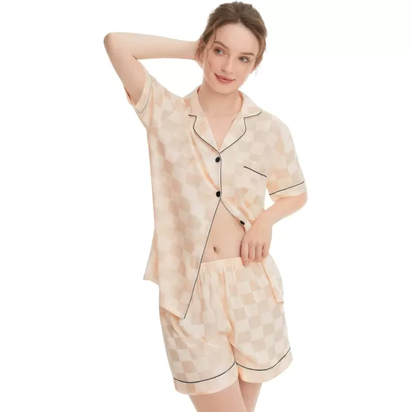 SWOMOG Womens Silk Satin Pajamas Set Short Sleeve Sleepwear Button Down Loungewear Checker Top and Shorts 2 Pcs PjsChecker  Champagne