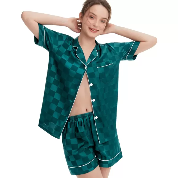 SWOMOG Womens Silk Satin Pajamas Set Short Sleeve Sleepwear Button Down Loungewear Checker Top and Shorts 2 Pcs PjsChecker  Green