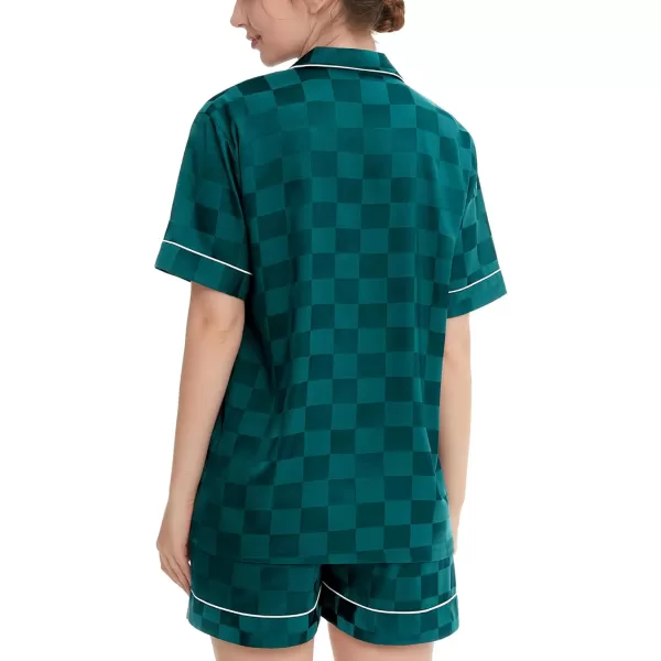 SWOMOG Womens Silk Satin Pajamas Set Short Sleeve Sleepwear Button Down Loungewear Checker Top and Shorts 2 Pcs PjsChecker  Green