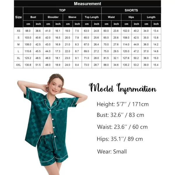 SWOMOG Womens Silk Satin Pajamas Set Short Sleeve Sleepwear Button Down Loungewear Checker Top and Shorts 2 Pcs PjsChecker  Green