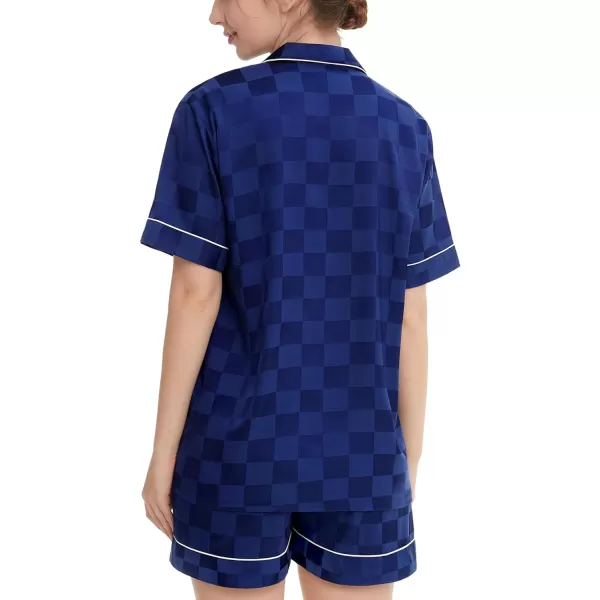 SWOMOG Womens Silk Satin Pajamas Set Short Sleeve Sleepwear Button Down Loungewear Checker Top and Shorts 2 Pcs PjsChecker  Navy Blue