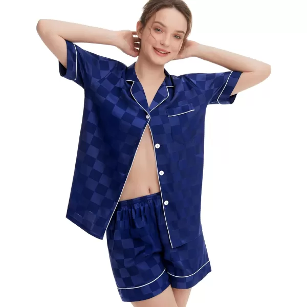 SWOMOG Womens Silk Satin Pajamas Set Short Sleeve Sleepwear Button Down Loungewear Checker Top and Shorts 2 Pcs PjsChecker  Navy Blue