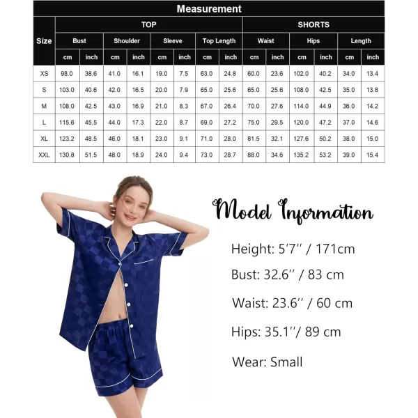 SWOMOG Womens Silk Satin Pajamas Set Short Sleeve Sleepwear Button Down Loungewear Checker Top and Shorts 2 Pcs PjsChecker  Navy Blue