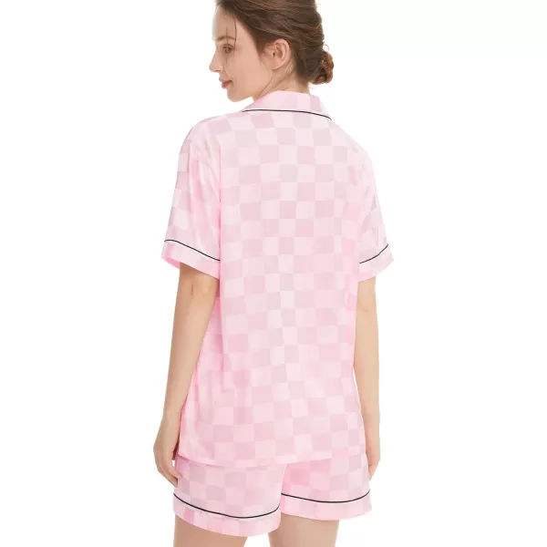 SWOMOG Womens Silk Satin Pajamas Set Short Sleeve Sleepwear Button Down Loungewear Checker Top and Shorts 2 Pcs PjsChecker  Pink