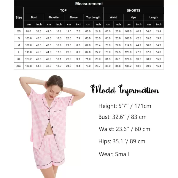 SWOMOG Womens Silk Satin Pajamas Set Short Sleeve Sleepwear Button Down Loungewear Checker Top and Shorts 2 Pcs PjsChecker  Pink