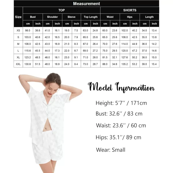 SWOMOG Womens Silk Satin Pajamas Set Short Sleeve Sleepwear Button Down Loungewear Checker Top and Shorts 2 Pcs PjsChecker  White