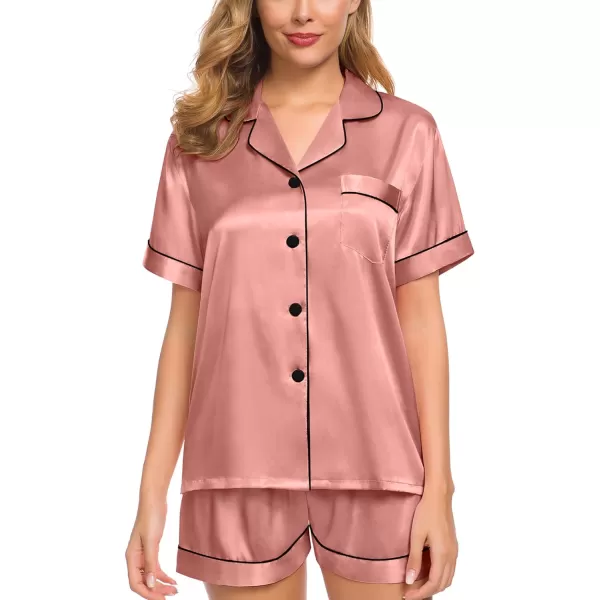 SWOMOG Womens Silk Satin Pajamas Set Short Sleeve Sleepwear Button Down Loungewear Checker Top and Shorts 2 Pcs PjsDeep Misty Rose