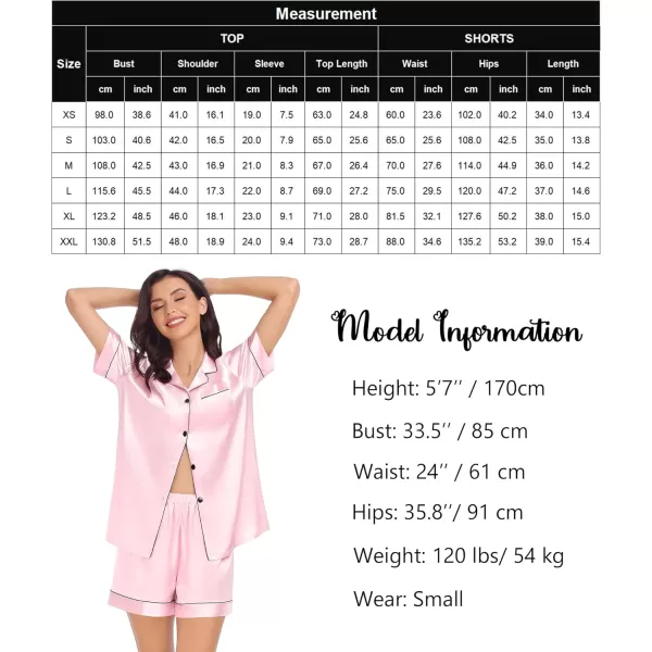 SWOMOG Womens Silk Satin Pajamas Set Short Sleeve Sleepwear Button Down Loungewear Checker Top and Shorts 2 Pcs PjsPink