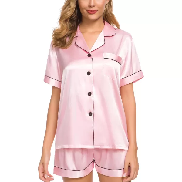 SWOMOG Womens Silk Satin Pajamas Set Short Sleeve Sleepwear Button Down Loungewear Checker Top and Shorts 2 Pcs PjsPink