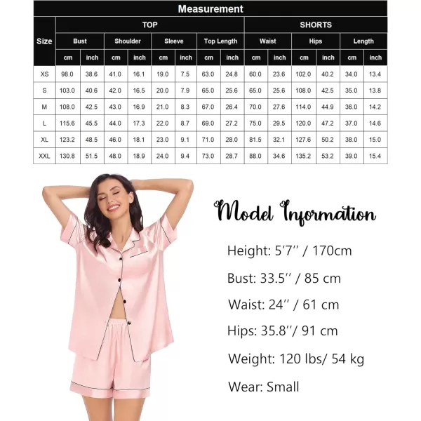 SWOMOG Womens Silk Satin Pajamas Set Short Sleeve Sleepwear Button Down Loungewear Checker Top and Shorts 2 Pcs PjsSakura Pink